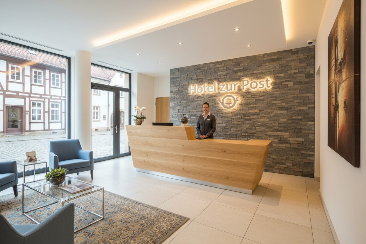 Ein Bild von einer Rezeption in einem modernen Hotel in Schrobenhausen, Altstadt. Das Hotel heisst - Hotel zur Post